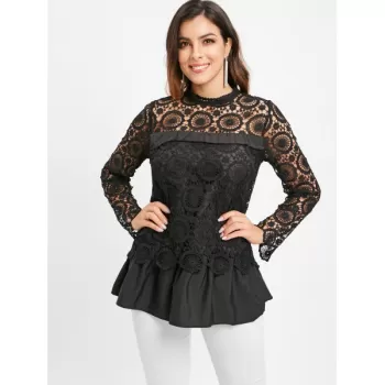 Lace Spliced Long Blouse - Black