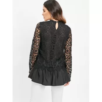Lace Spliced Long Blouse - Black