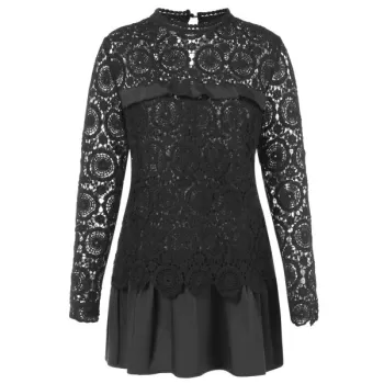 Lace Spliced Long Blouse - Black