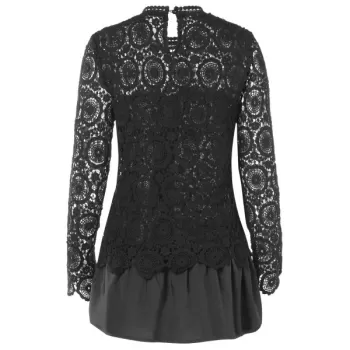 Lace Spliced Long Blouse - Black