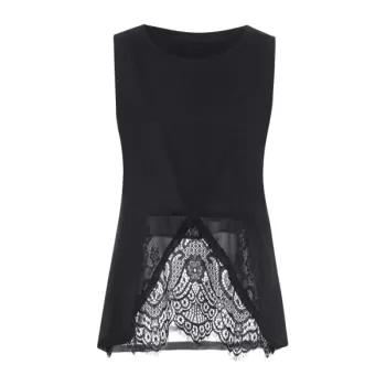 Lace Trim Chiffon Tank Top - Black