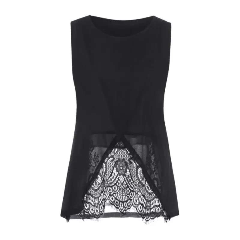 Lace Trim Chiffon Tank Top - Black