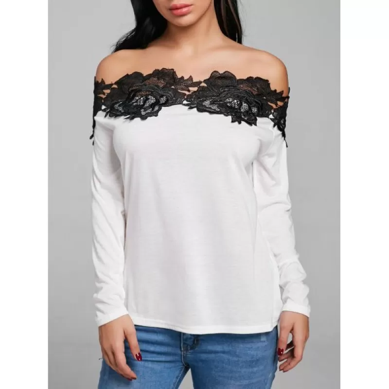 ace Trim Color Block Off Shoulder Blouse - White