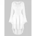 Lace Trim Lacing Waist High Low Dress - White