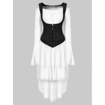 Lace Trim Lacing Waist High Low Dress - White