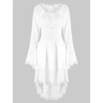 Lace Trim Lacing Waist High Low Dress - White