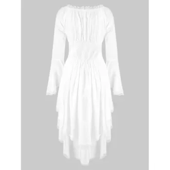 Lace Trim Lacing Waist High Low Dress - White