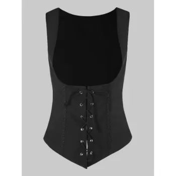 Lace Trim Lacing Waist High Low Dress - White