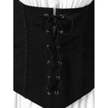 Lace Trim Lacing Waist High Low Dress - White