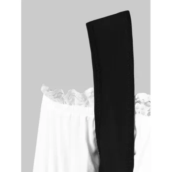 Lace Trim Lacing Waist High Low Dress - White