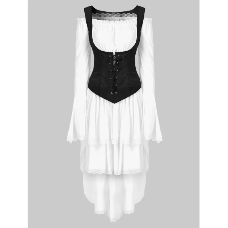 Lace Trim Lacing Waist High Low Dress - White