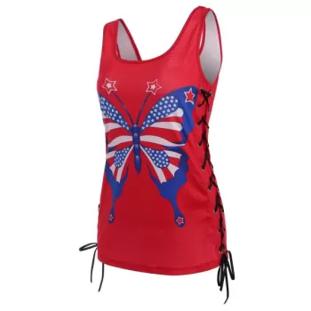 Lace-up American Flag Print Tank Top - Red
