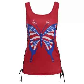 Lace-up American Flag Print Tank Top - Red