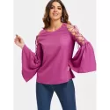 Lace Up Bell Sleeve T-shirt - Rose Red