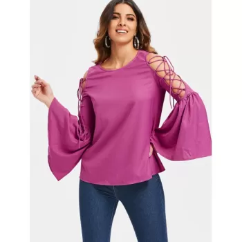 Lace Up Bell Sleeve T-shirt - Rose Red