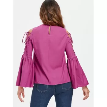 Lace Up Bell Sleeve T-shirt - Rose Red