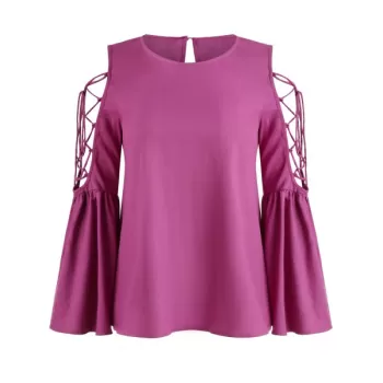 Lace Up Bell Sleeve T-shirt - Rose Red