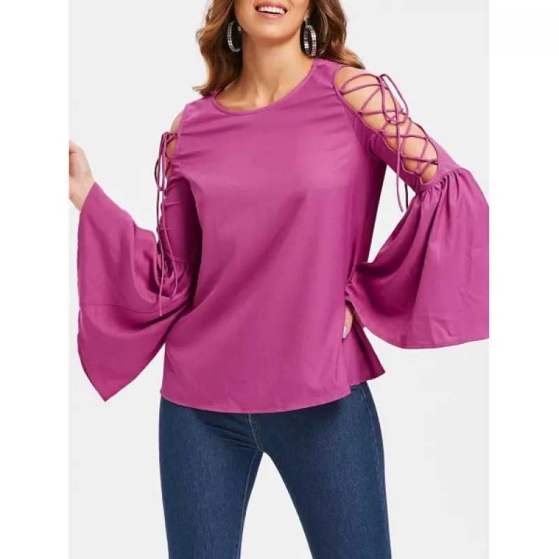 Lace Up Bell Sleeve T-shirt - Rose Red