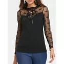 Lace Up Collar Long leeve T-shirt - Black