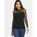 Lace Up Collar Long leeve T-shirt - Black