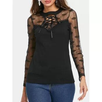 Lace Up Collar Long leeve T-shirt - Black
