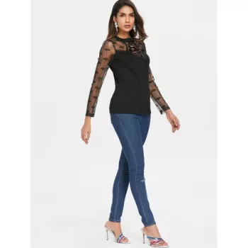 Lace Up Collar Long leeve T-shirt - Black