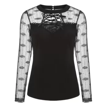 Lace Up Collar Long leeve T-shirt - Black