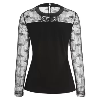 Lace Up Collar Long leeve T-shirt - Black