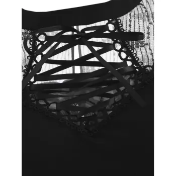 Lace Up Collar Long leeve T-shirt - Black