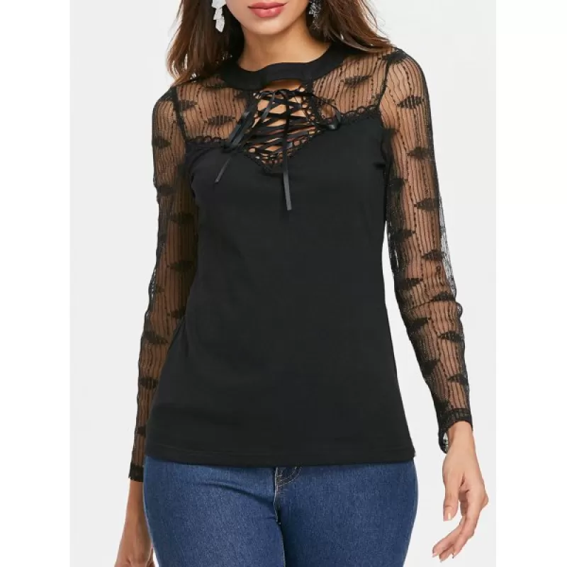 Lace Up Collar Long leeve T-shirt - Black