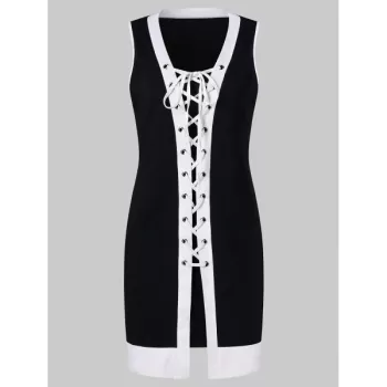 ace Up Contrasting Trim Dress With Cami Dress - Black