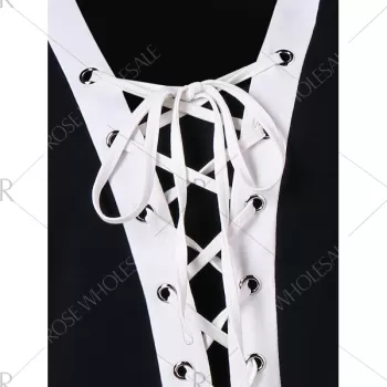 ace Up Contrasting Trim Dress With Cami Dress - Black