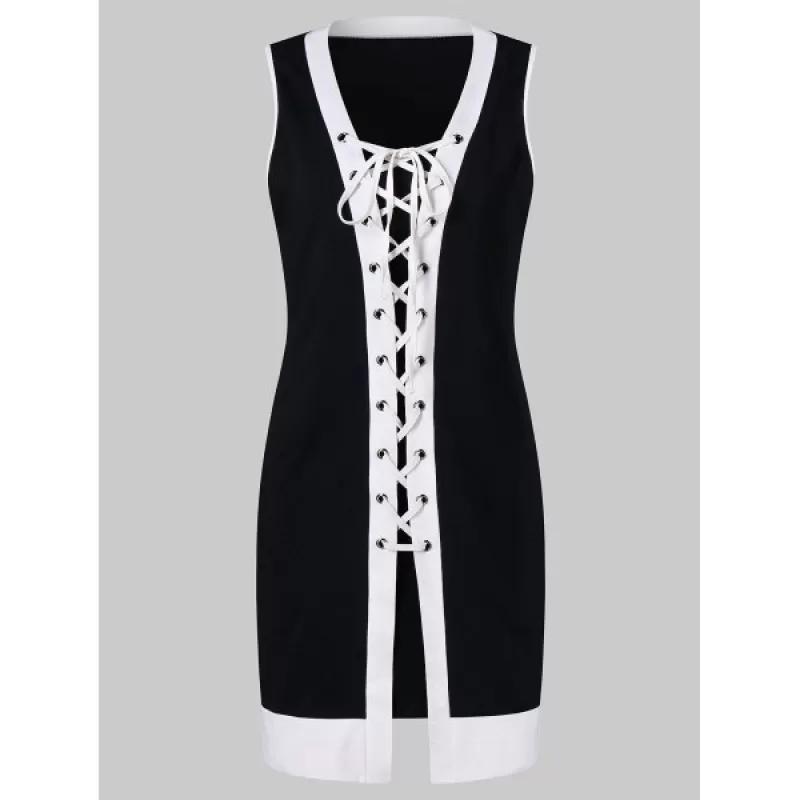 ace Up Contrasting Trim Dress With Cami Dress - Black