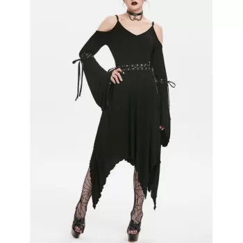 Lace Up Flare leeve Open houlder Dress - Black