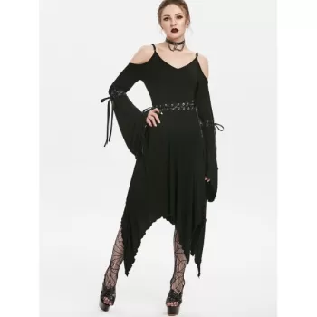 Lace Up Flare leeve Open houlder Dress - Black