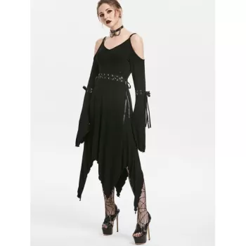 Lace Up Flare leeve Open houlder Dress - Black