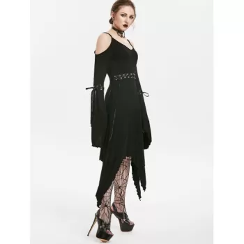 Lace Up Flare leeve Open houlder Dress - Black