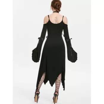 Lace Up Flare leeve Open houlder Dress - Black
