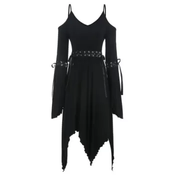 Lace Up Flare leeve Open houlder Dress - Black