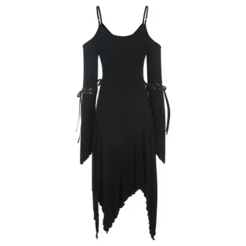 Lace Up Flare leeve Open houlder Dress - Black