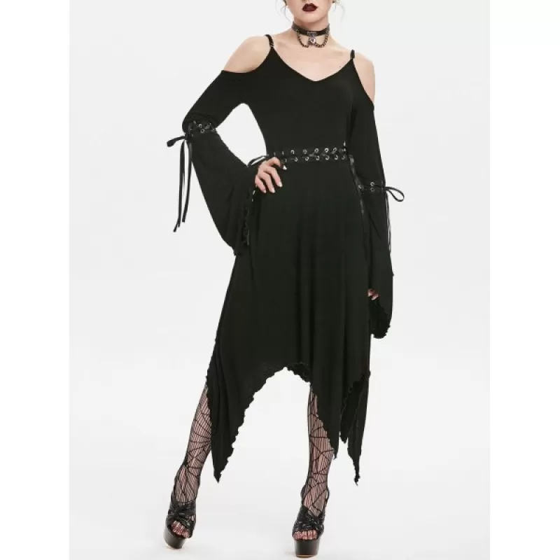 Lace Up Flare leeve Open houlder Dress - Black
