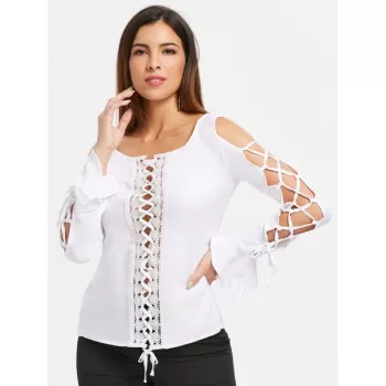 Lace Up Lace Insert Top - White