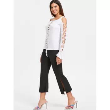 Lace Up Lace Insert Top - White