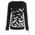 ace Up ong Sleeves Halloween Bat Sweatshirt - Black