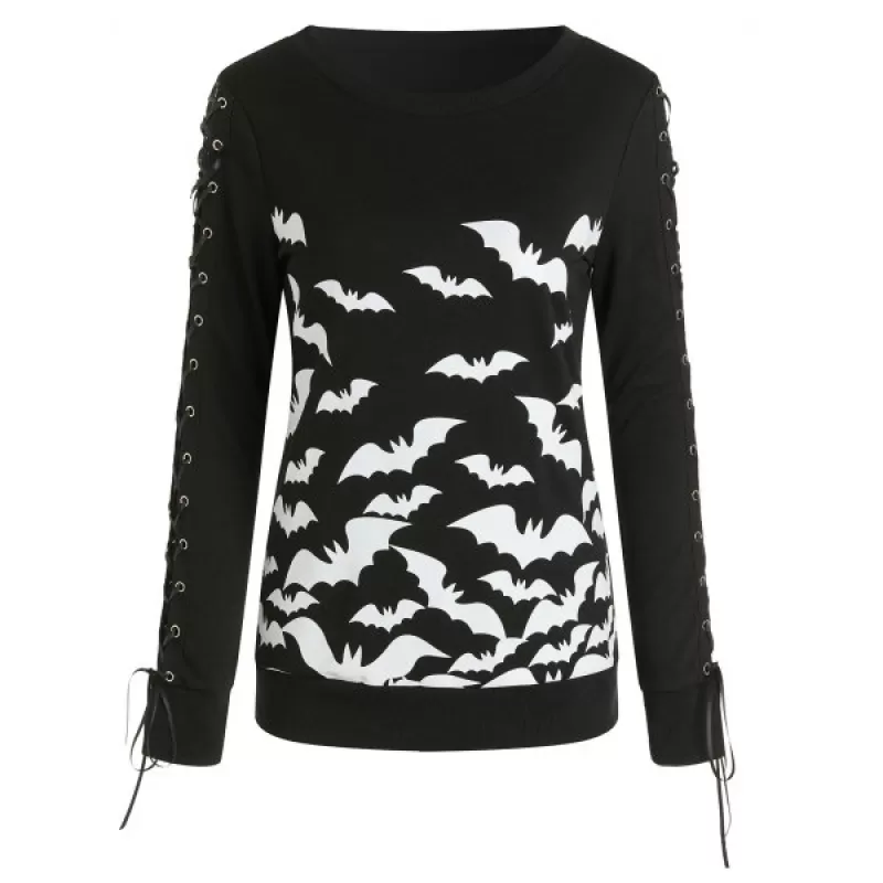 ace Up ong Sleeves Halloween Bat Sweatshirt - Black