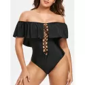 Lace Up Open Back Swimsuit - Black