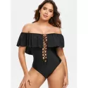Lace Up Open Back Swimsuit - Black