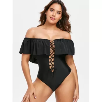 Lace Up Open Back Swimsuit - Black