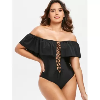 Lace Up Open Back Swimsuit - Black