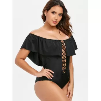 Lace Up Open Back Swimsuit - Black